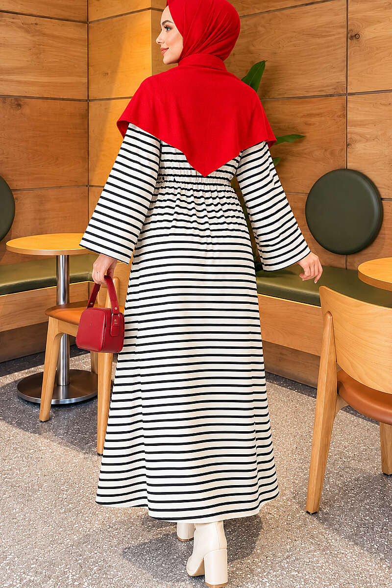 Striped Dress with Tie Cord - Black
