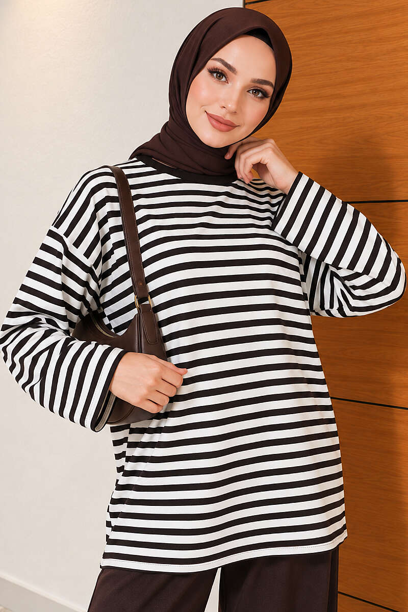 Horizontal-Stripe Loycha Two-Piece Set - Brown