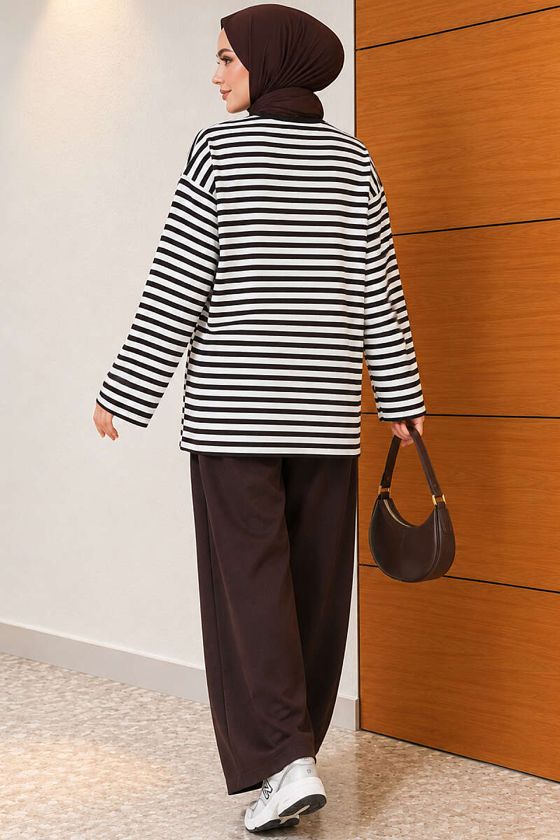 Horizontal-Stripe Loycha Two-Piece Set - Brown