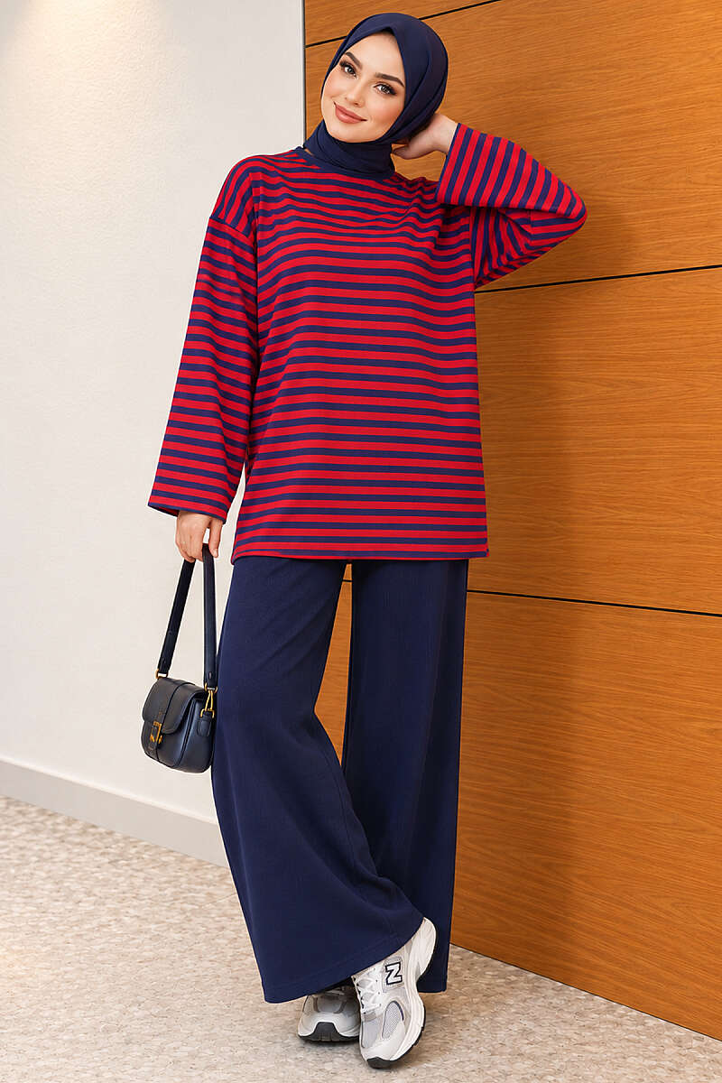 Horizontal-Stripe Loycha Two-Piece Set - Red