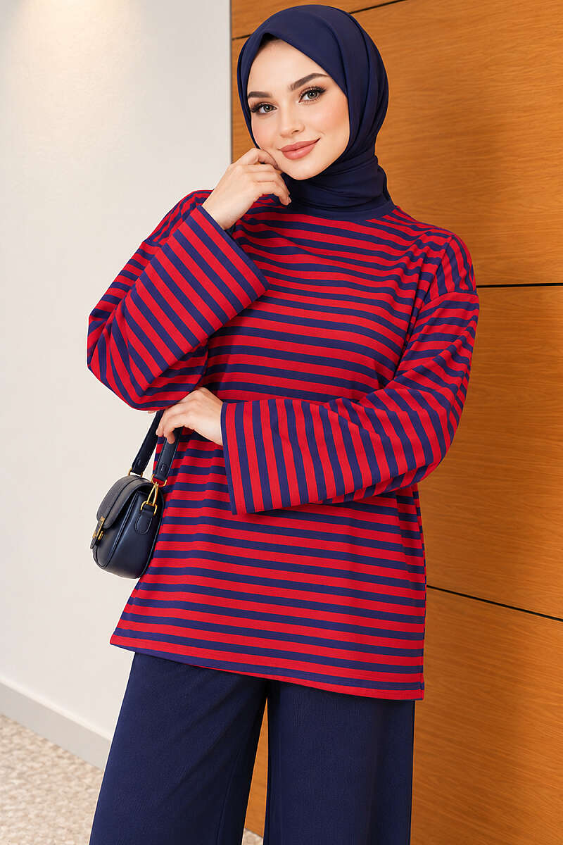 Horizontal-Stripe Loycha Two-Piece Set - Red