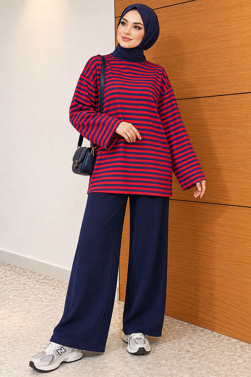 Horizontal-Stripe Loycha Two-Piece Set - Red