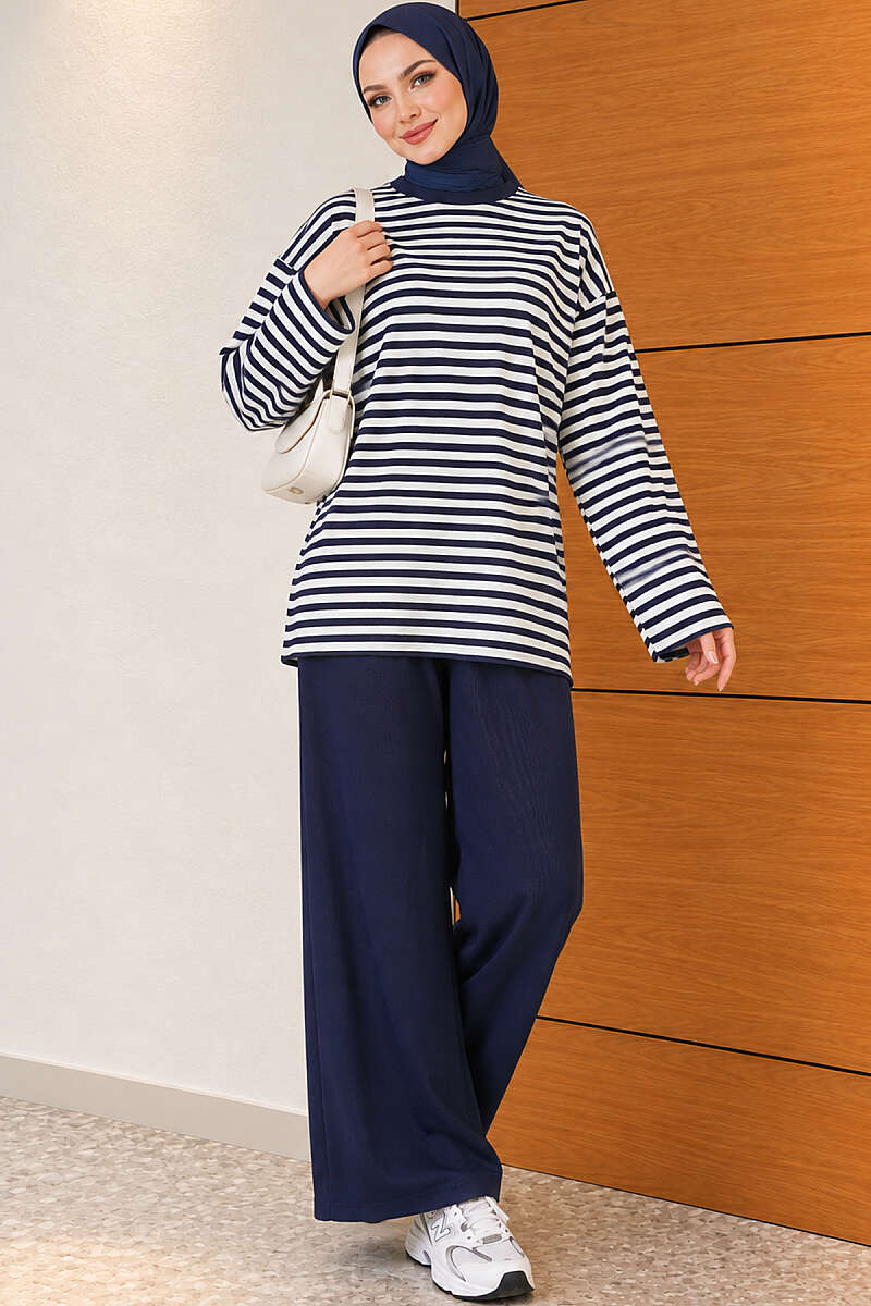 Horizontal-Stripe Loycha Two-Piece Set - Navy
