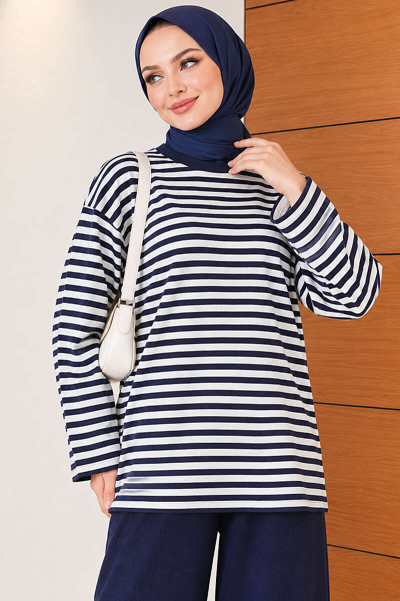 Horizontal-Stripe Loycha Two-Piece Set - Navy
