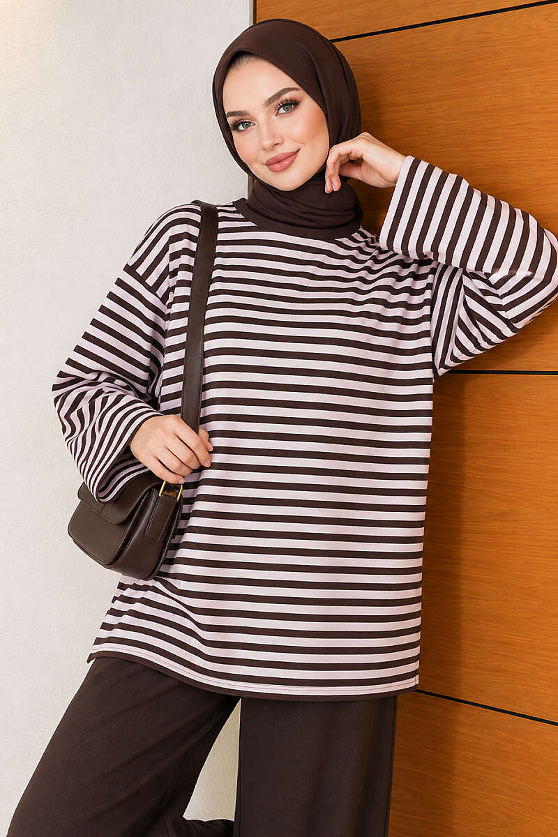 Horizontal-Stripe Loycha Two-Piece Set - Pink