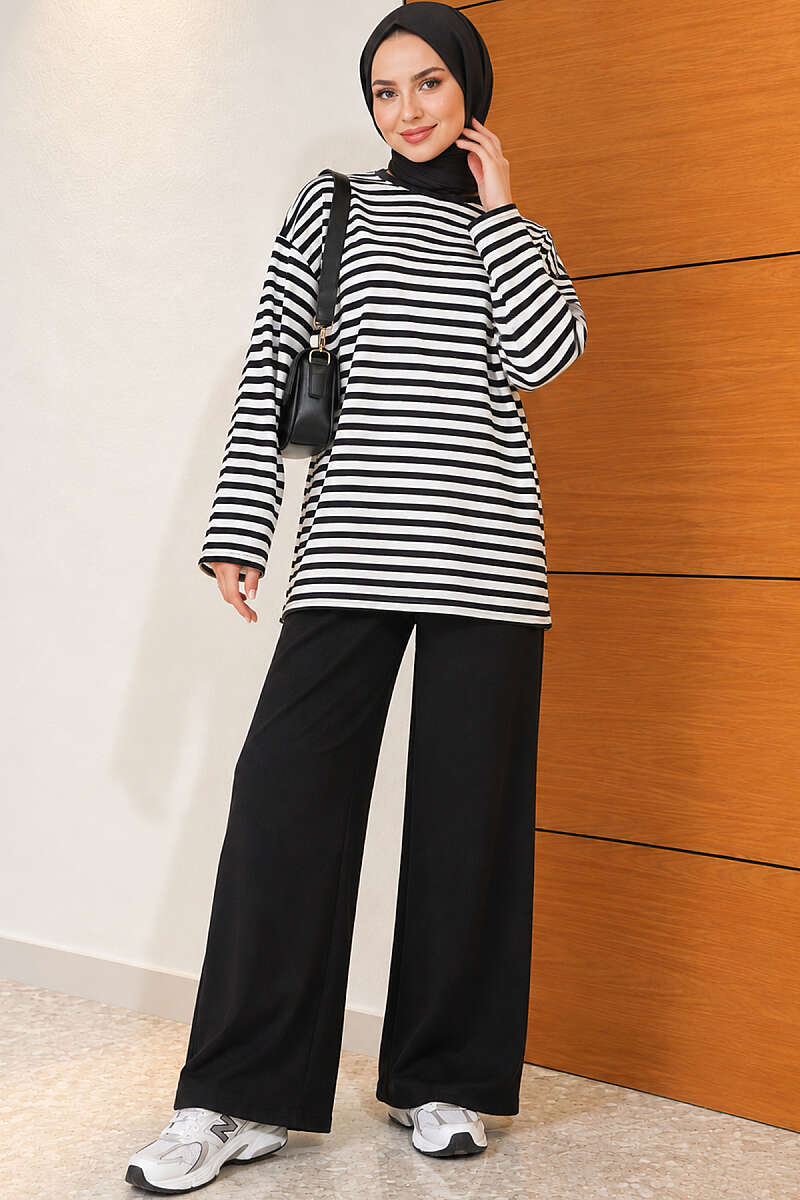 Horizontal-Stripe Loycha Two-Piece Set - Black