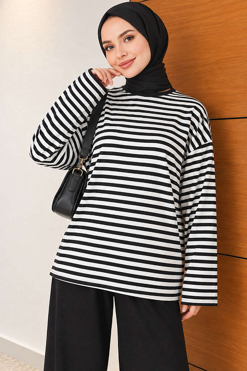 Horizontal-Stripe Loycha Two-Piece Set - Black