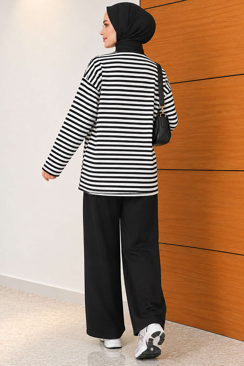 Horizontal-Stripe Loycha Two-Piece Set - Black