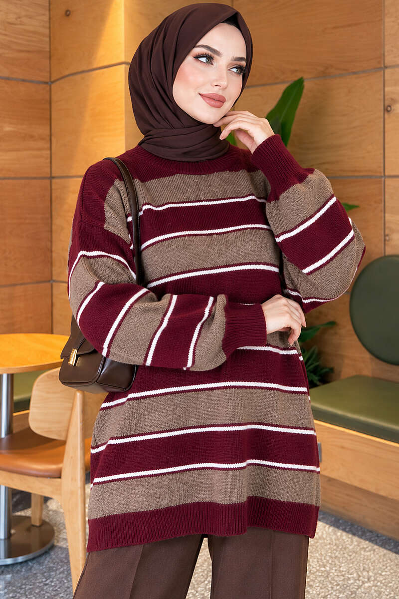 Striped Ribbed Knit Tunic - Burgundy
