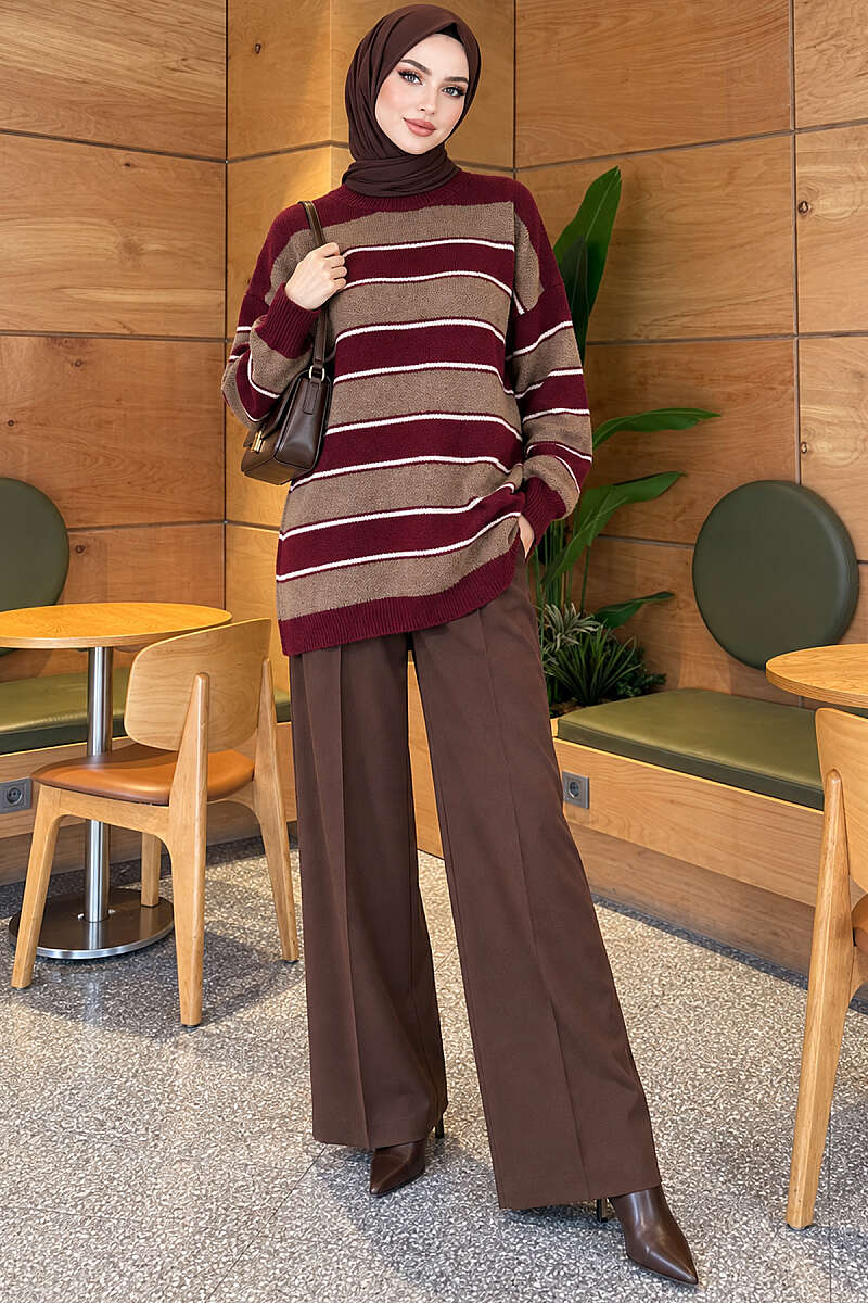 Striped Ribbed Knit Tunic - Burgundy