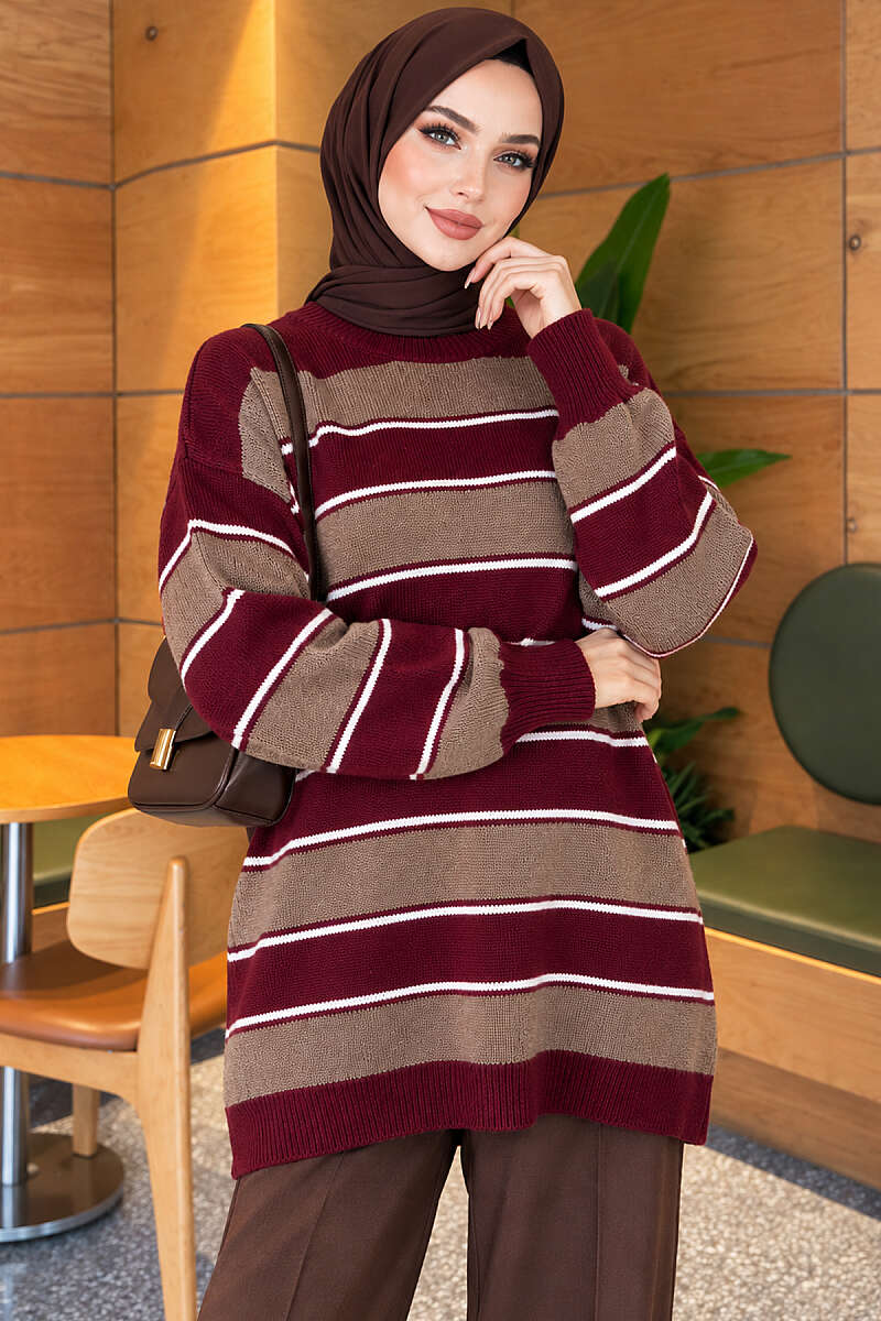 Striped Ribbed Knit Tunic - Burgundy