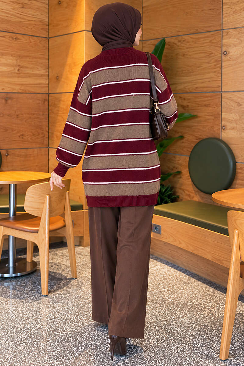 Striped Ribbed Knit Tunic - Burgundy