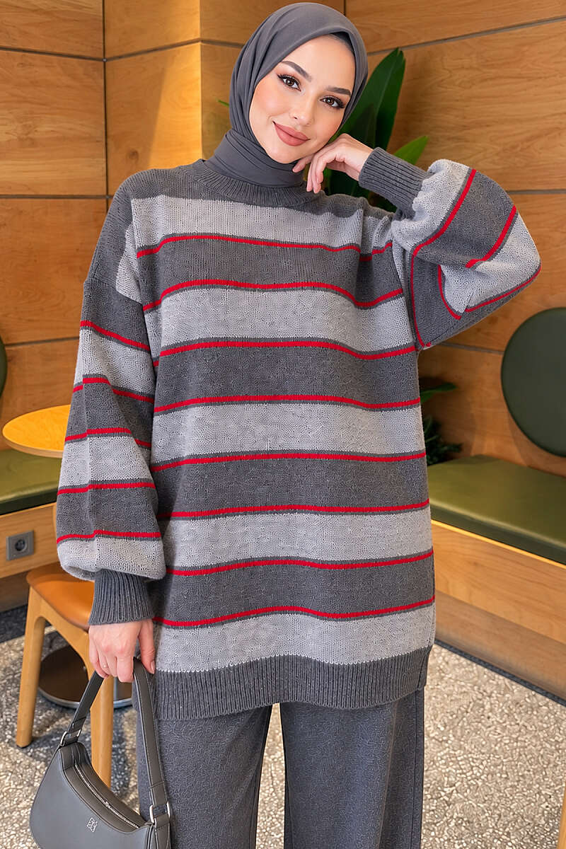 Striped Ribbed Knit Tunic - Smoke Grey