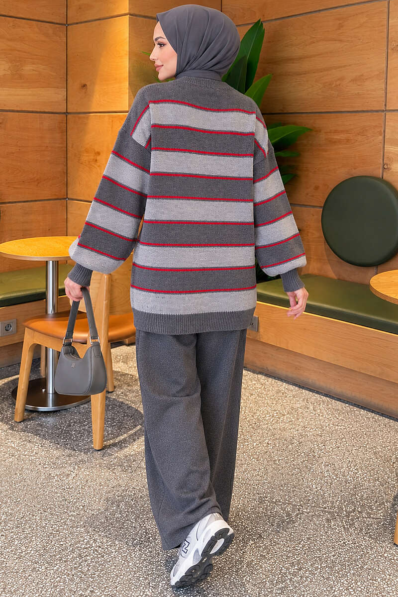 Striped Ribbed Knit Tunic - Smoke Grey