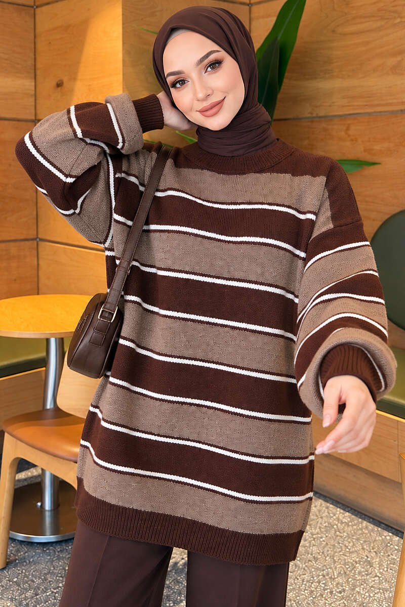 Striped Ribbed Knit Tunic - Brown
