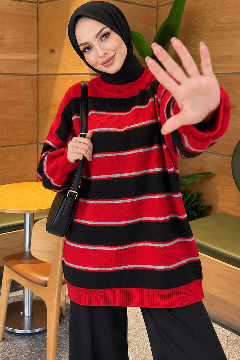 Striped Ribbed Knit Tunic - Red