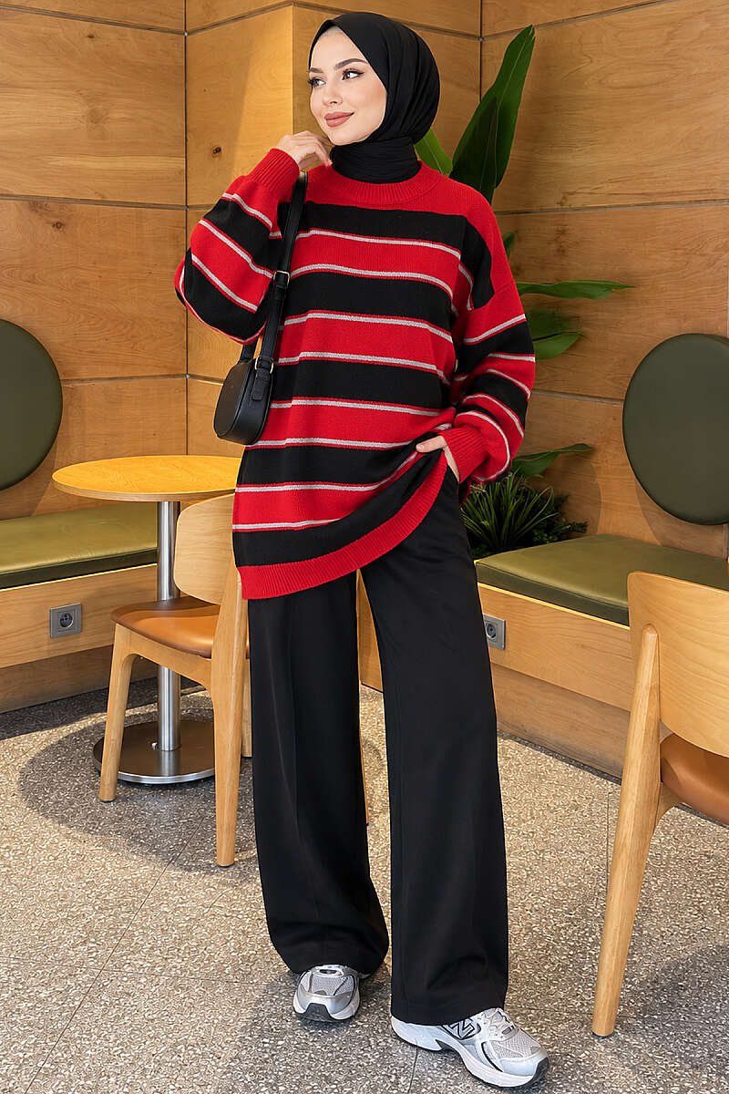 Striped Ribbed Knit Tunic - Red