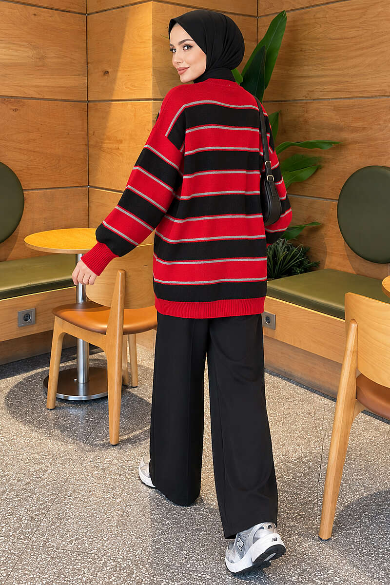 Striped Ribbed Knit Tunic - Red