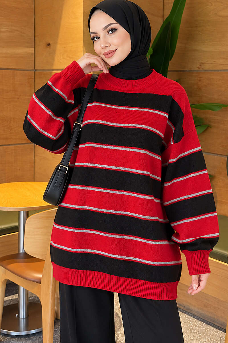 Striped Ribbed Knit Tunic - Red