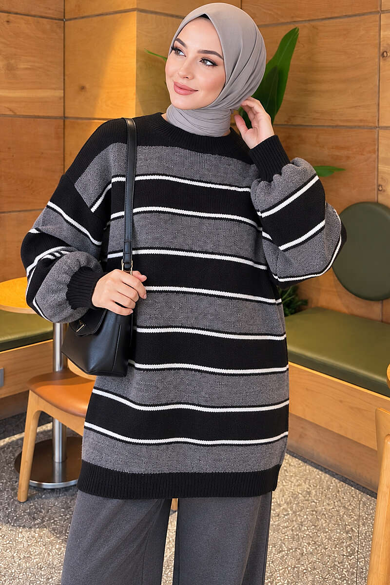 Striped Ribbed Knit Tunic - Black