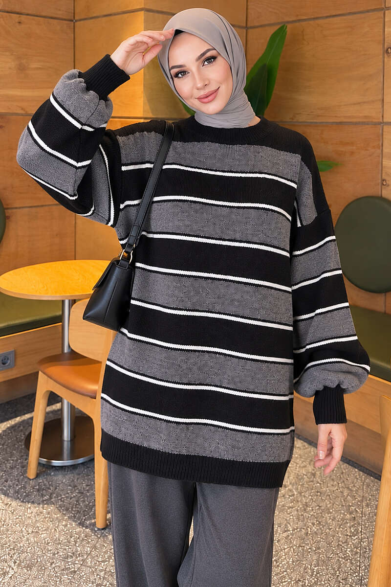 Striped Ribbed Knit Tunic - Black
