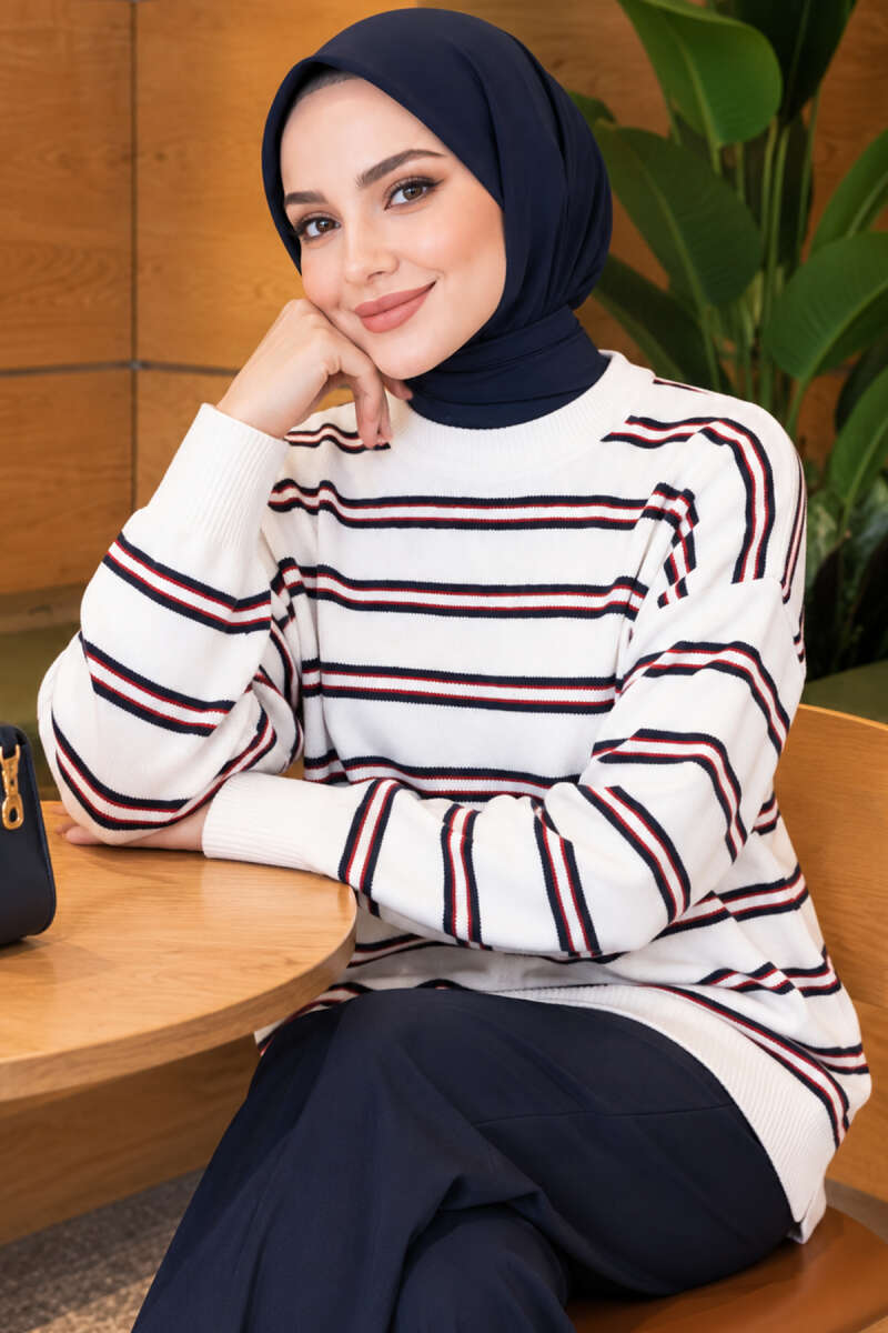 Loose Striped Knit Tunic - Ecru