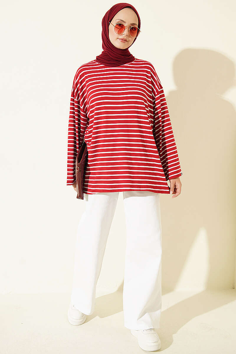 Striped Viscose Tunic - Burgundy