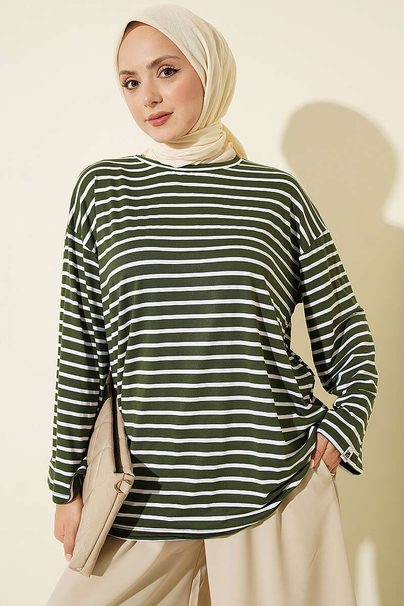 Striped Viscose Tunic - Khaki