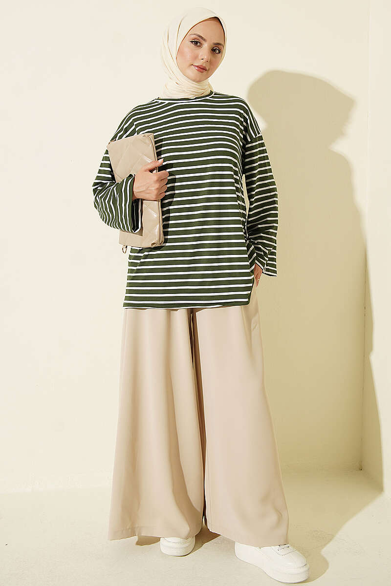 Striped Viscose Tunic - Khaki