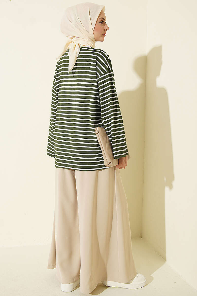 Striped Viscose Tunic - Khaki