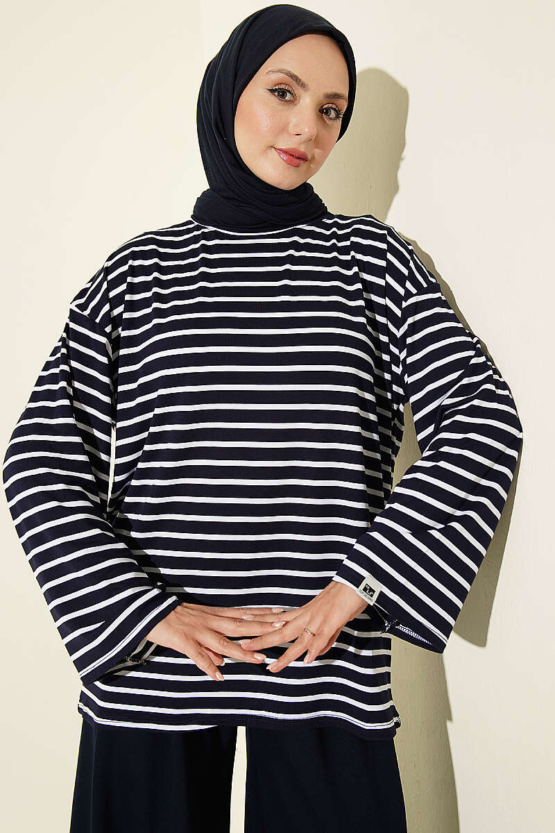 Striped Viscose Tunic - Navy