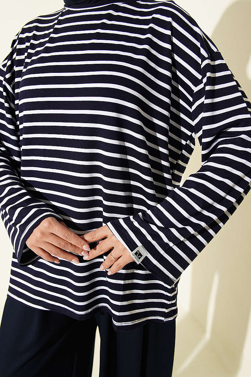 Striped Viscose Tunic - Navy