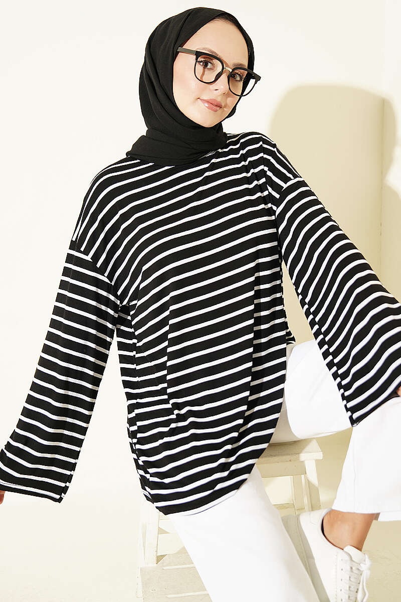 Striped Viscose Tunic - Black