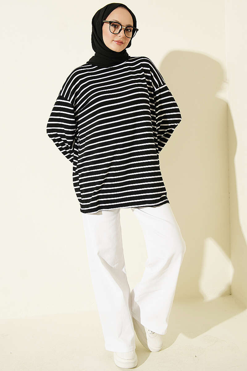 Striped Viscose Tunic - Black