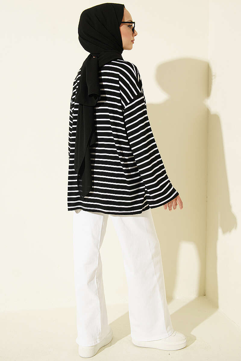Striped Viscose Tunic - Black