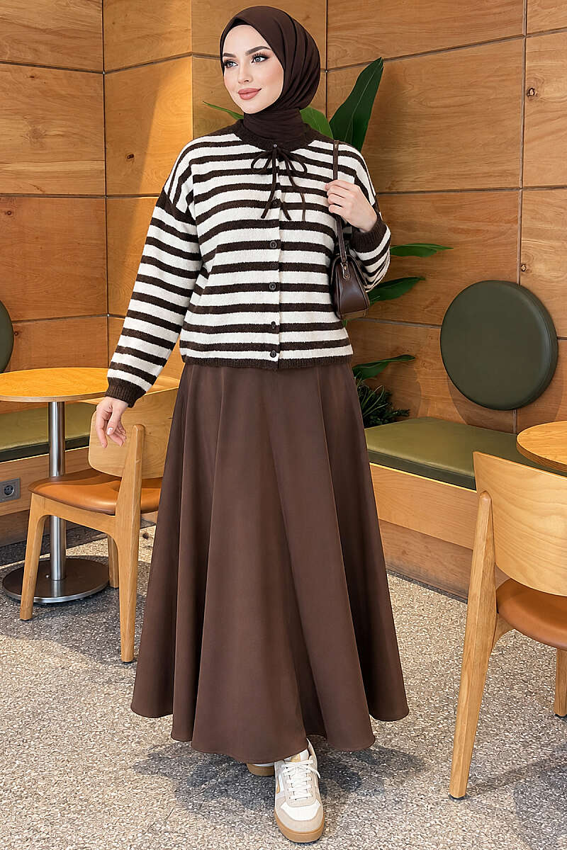 Soft Striped Knit Cardigan - Brown
