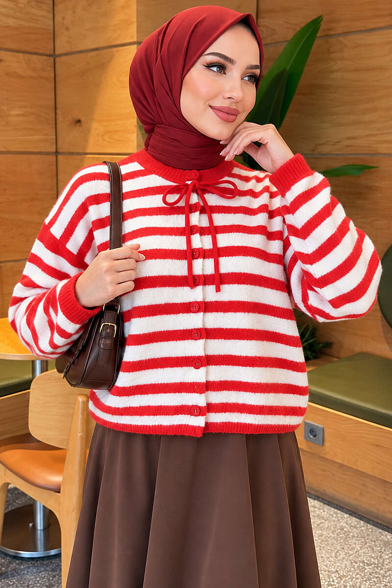 Soft Striped Knit Cardigan - Red