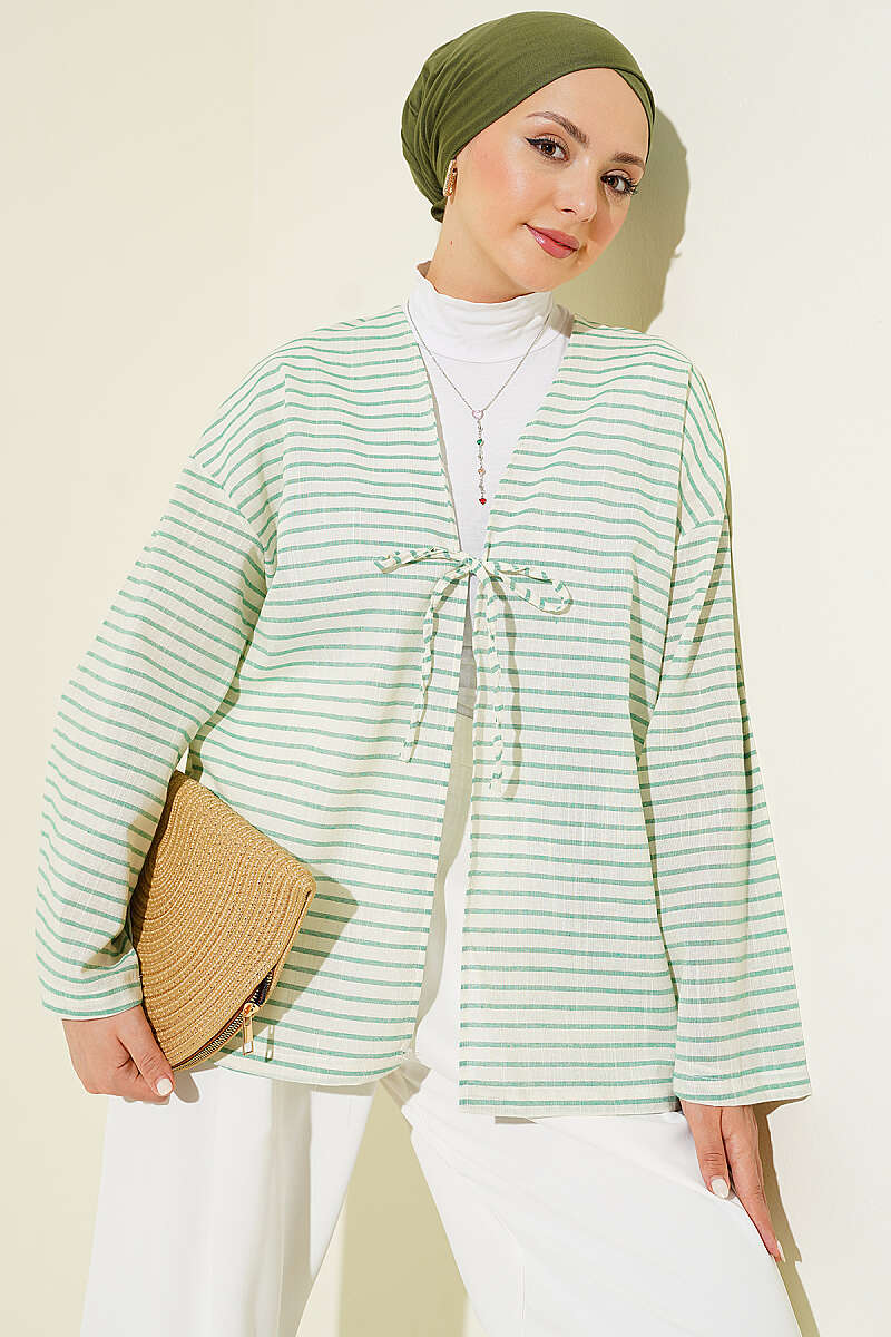 Striped Kimono with Ties - Green