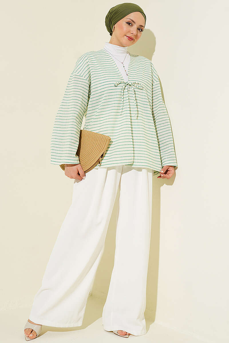 Striped Kimono with Ties - Green