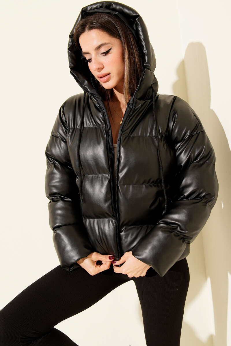Short Hooded Faux Leather Puffer with Horizontal Stitching - Black