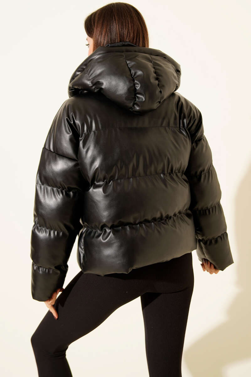 Short Hooded Faux Leather Puffer with Horizontal Stitching - Black