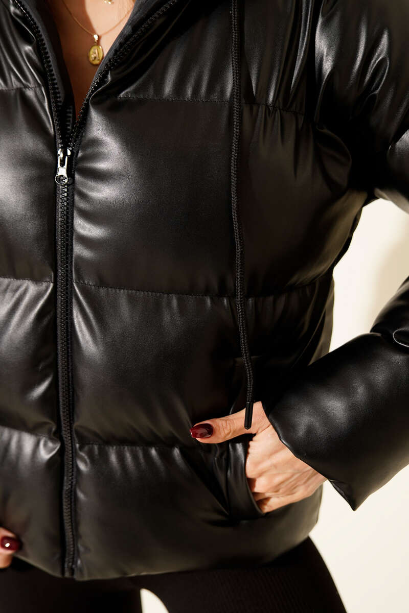 Short Hooded Faux Leather Puffer with Horizontal Stitching - Black