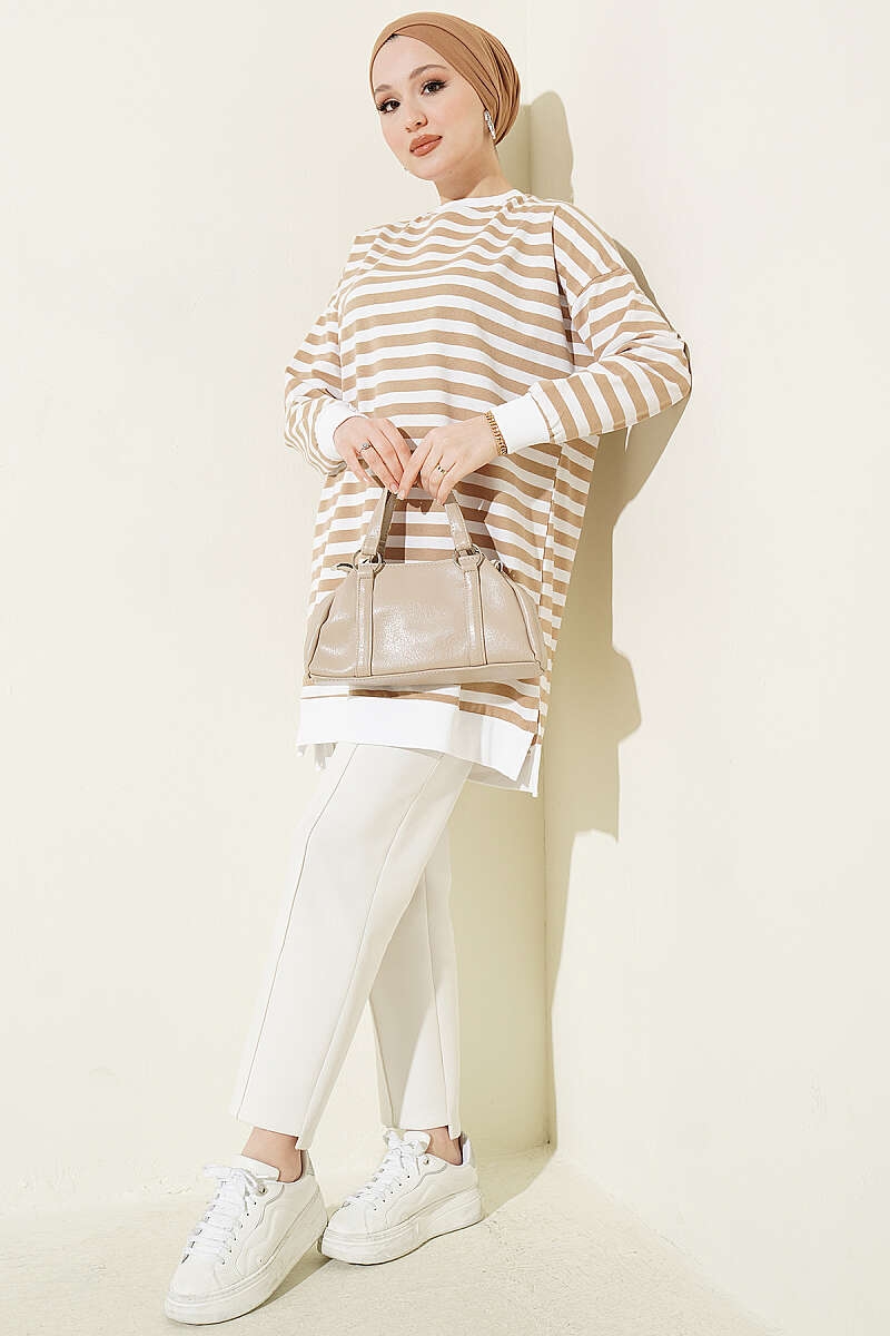 Wide Horizontal-Stripe Tunic - Latte