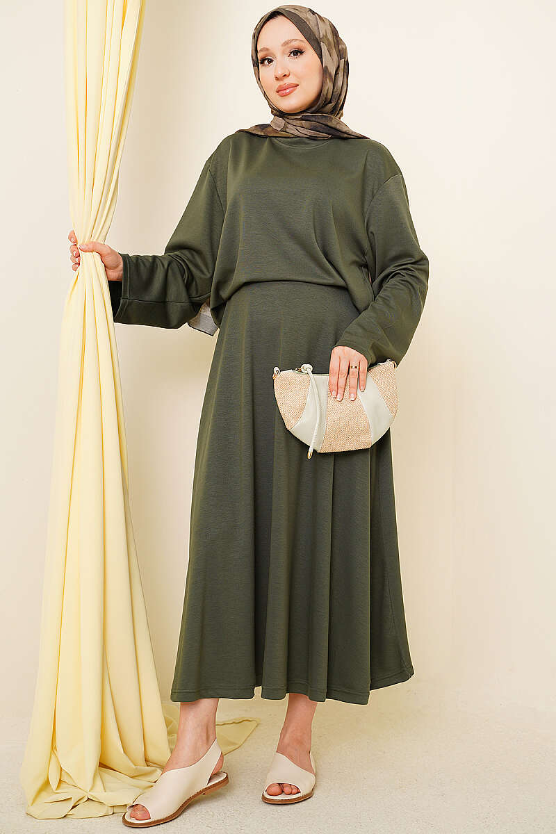 Basic Asymmetric Two-Piece Skirt Set - Khaki