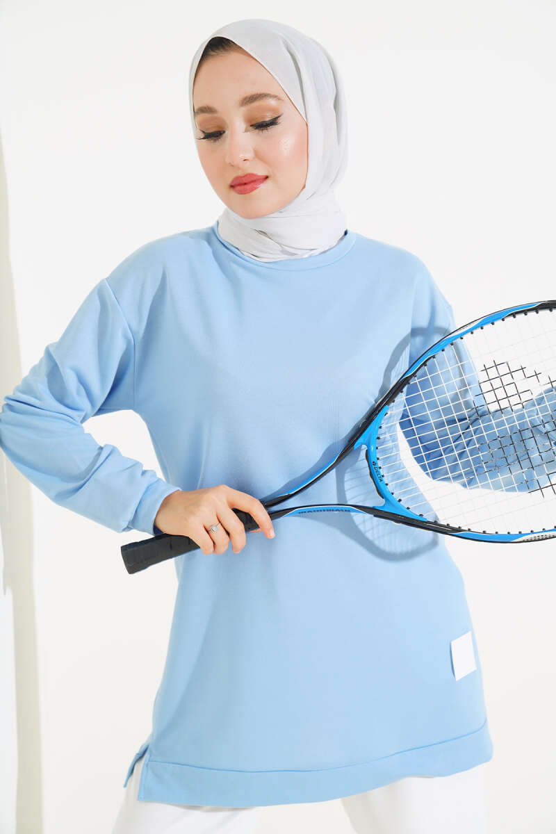 Lettering Print Tunic with Badge - Light Blue