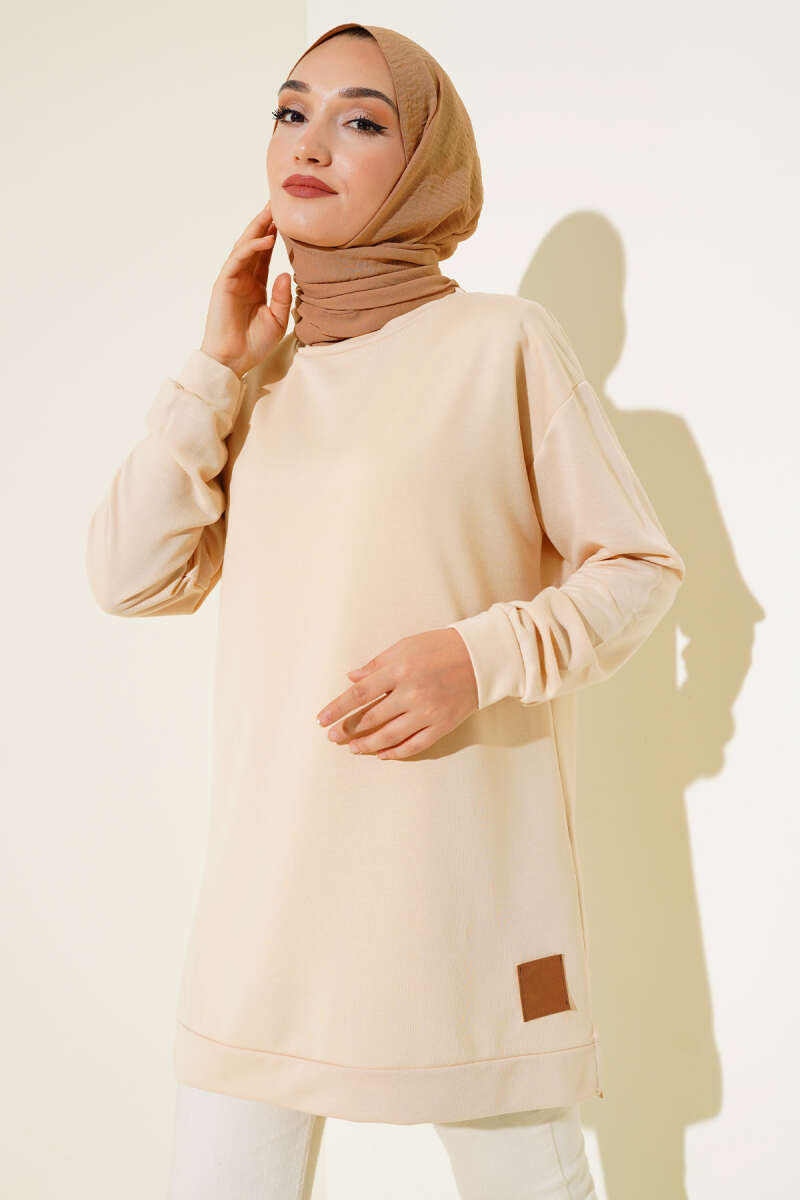 Lettering Print Tunic with Badge - Beige