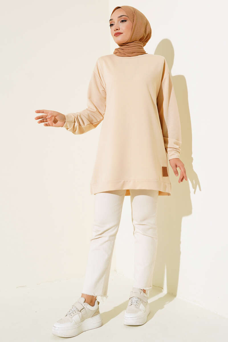 Lettering Print Tunic with Badge - Beige