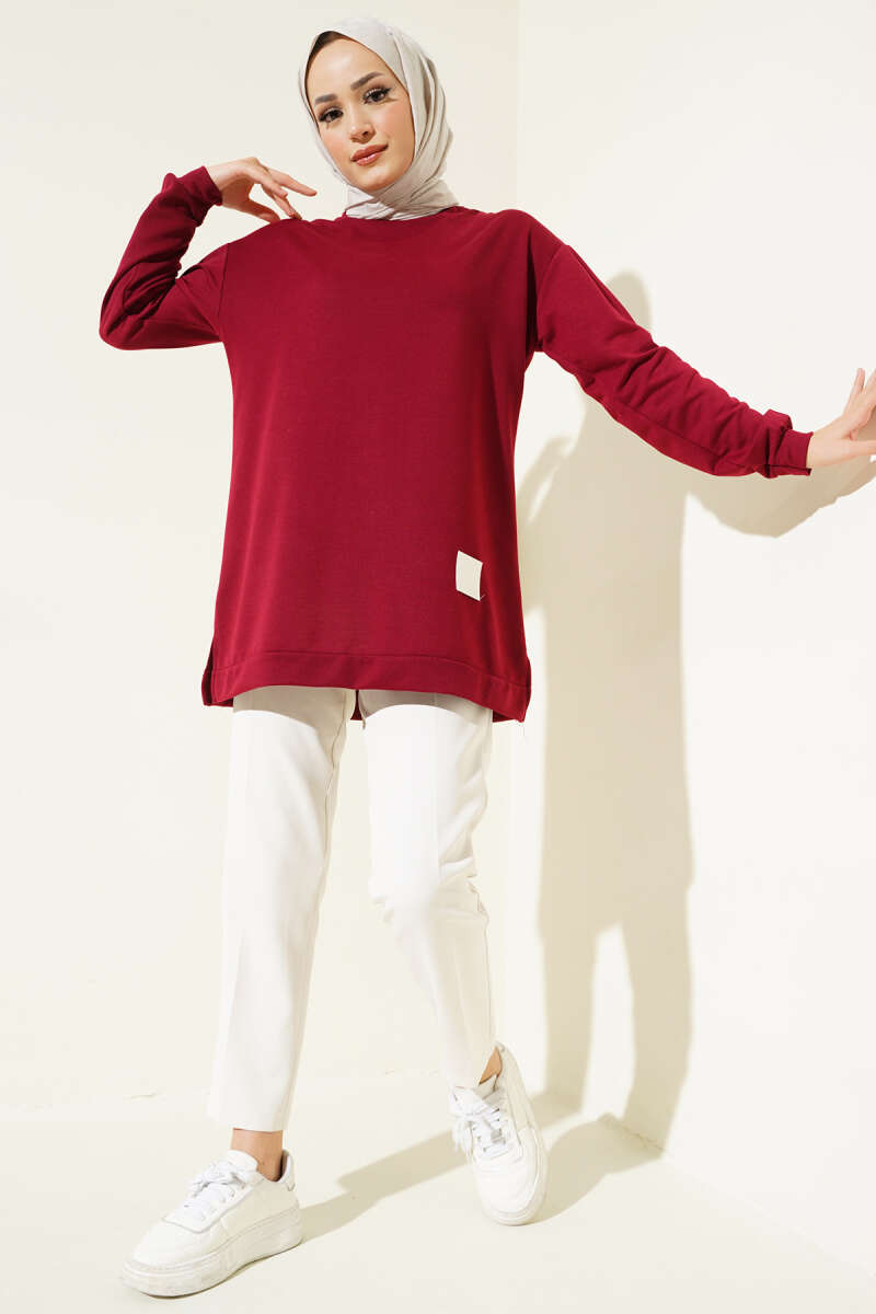 Lettering Print Tunic with Badge - Burgundy