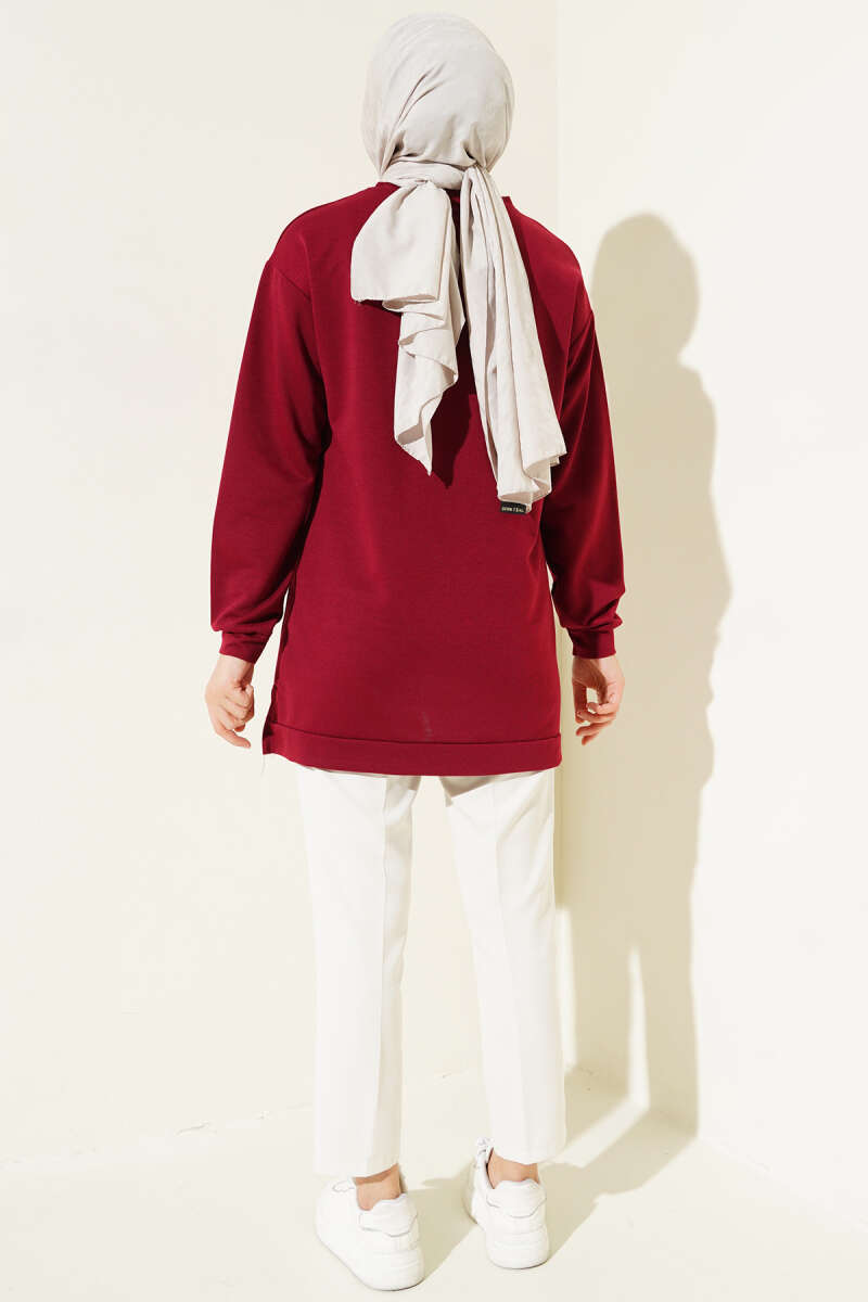Lettering Print Tunic with Badge - Burgundy