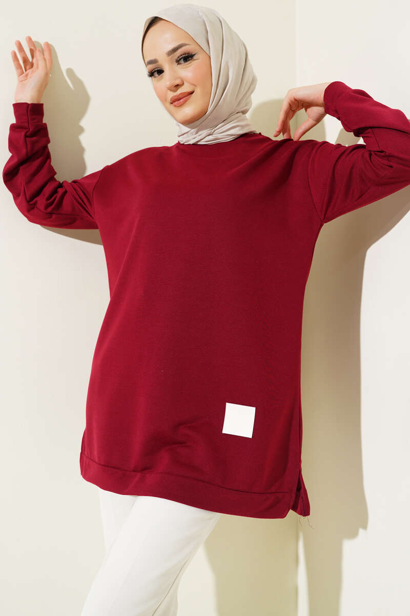 Lettering Print Tunic with Badge - Burgundy